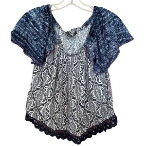 Gypsy Global Village Womens Top XS Blue Beige Pink Floral Boho CottageCore Prep